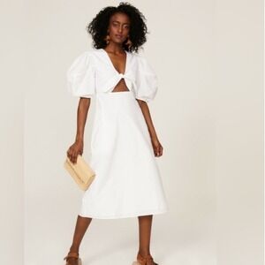 Rhode White Cotton Puff Sleeve Tie Front Cutout Midi Dress Womens 12